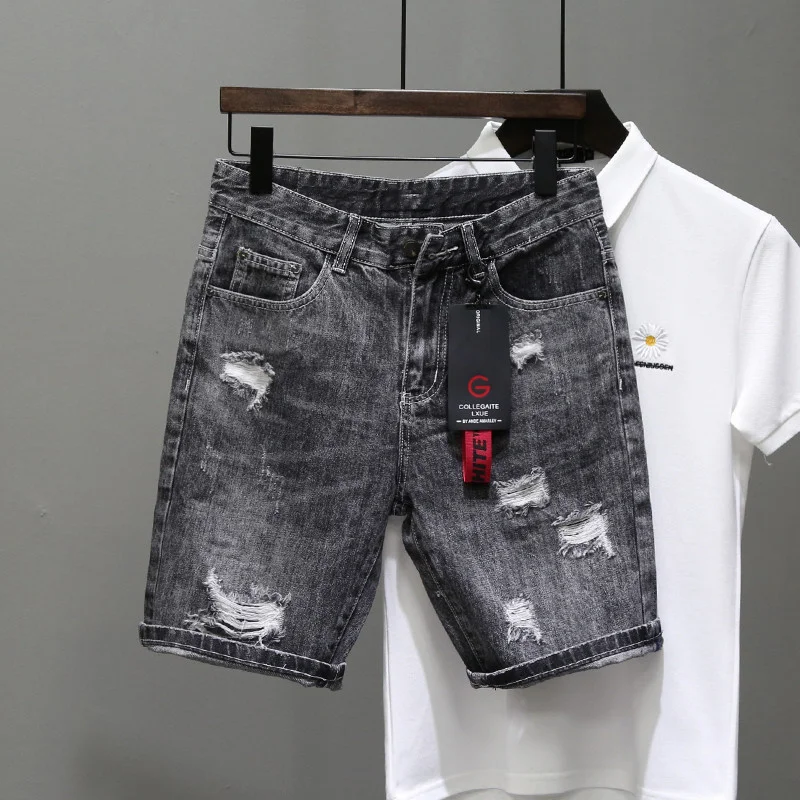 Summer Men\'s Grey Perforated Denim Shorts Korean Fashion Slim Elastic Five-piece Jeans Shorts Male Brand Pants 11styles