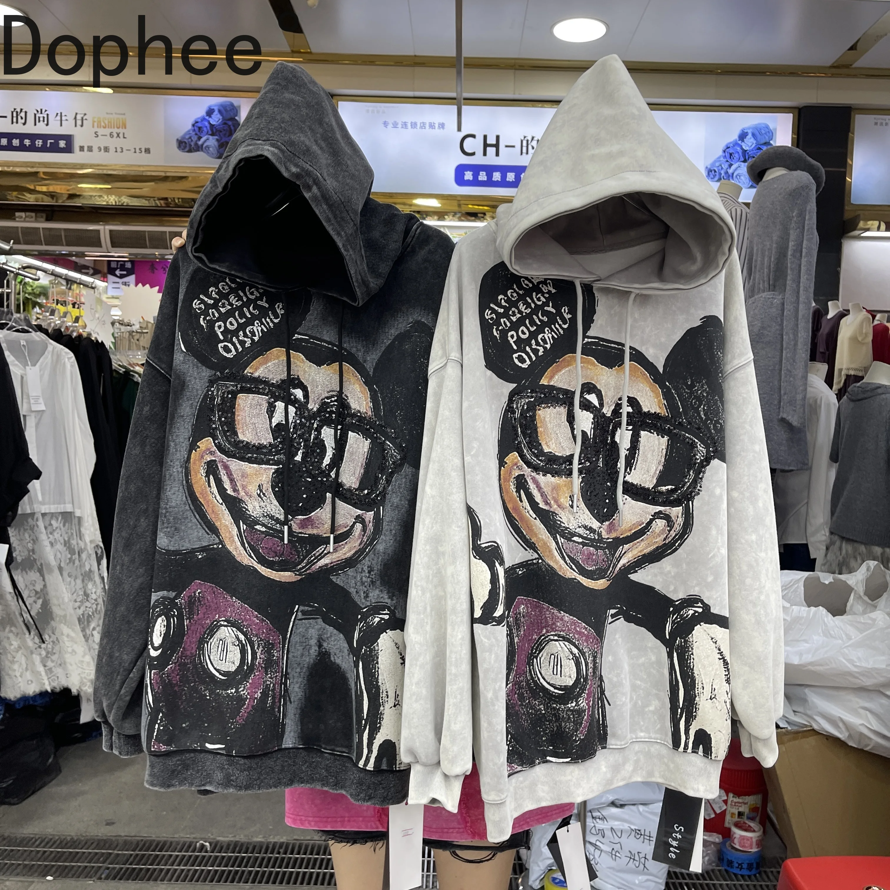 

Trendy Autumn Winter Long Sleeve Sweatshirt Women Handsome Sequins Mickey Hooded Pullover Top Mid-long Oversize Casual Hoodies