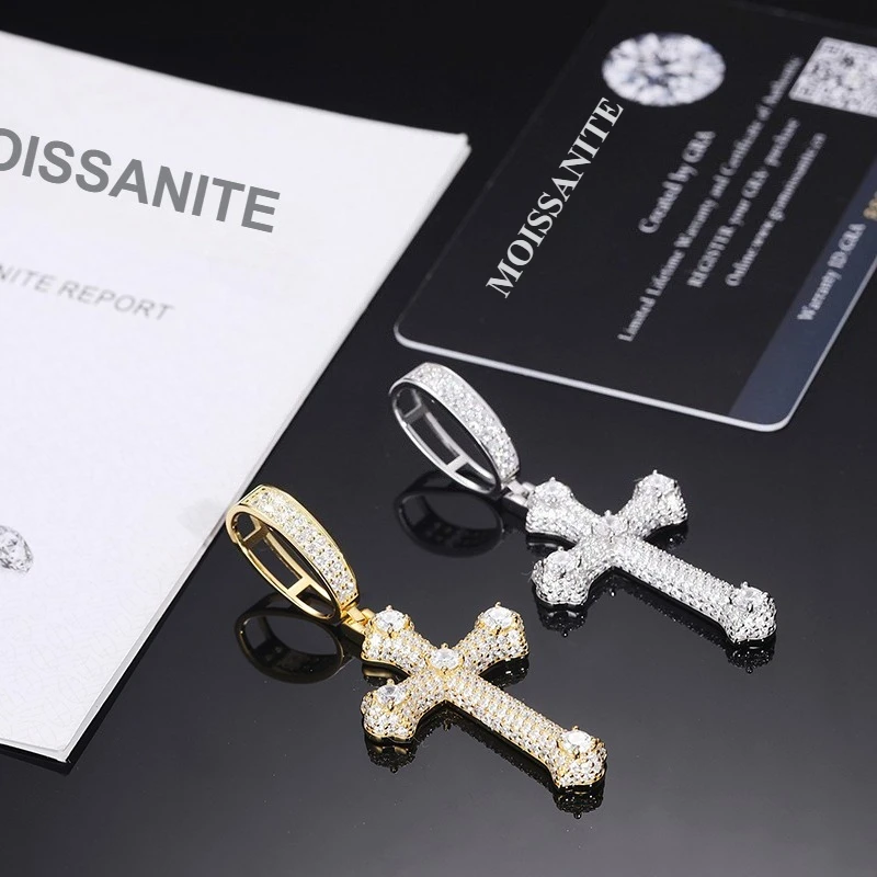 TUHE Unisex S925 Cross Pendant Necklace Iced Out Moissanite Gold Silver Color Cross Charm For Men Women Hip Hop Fine Jewelry