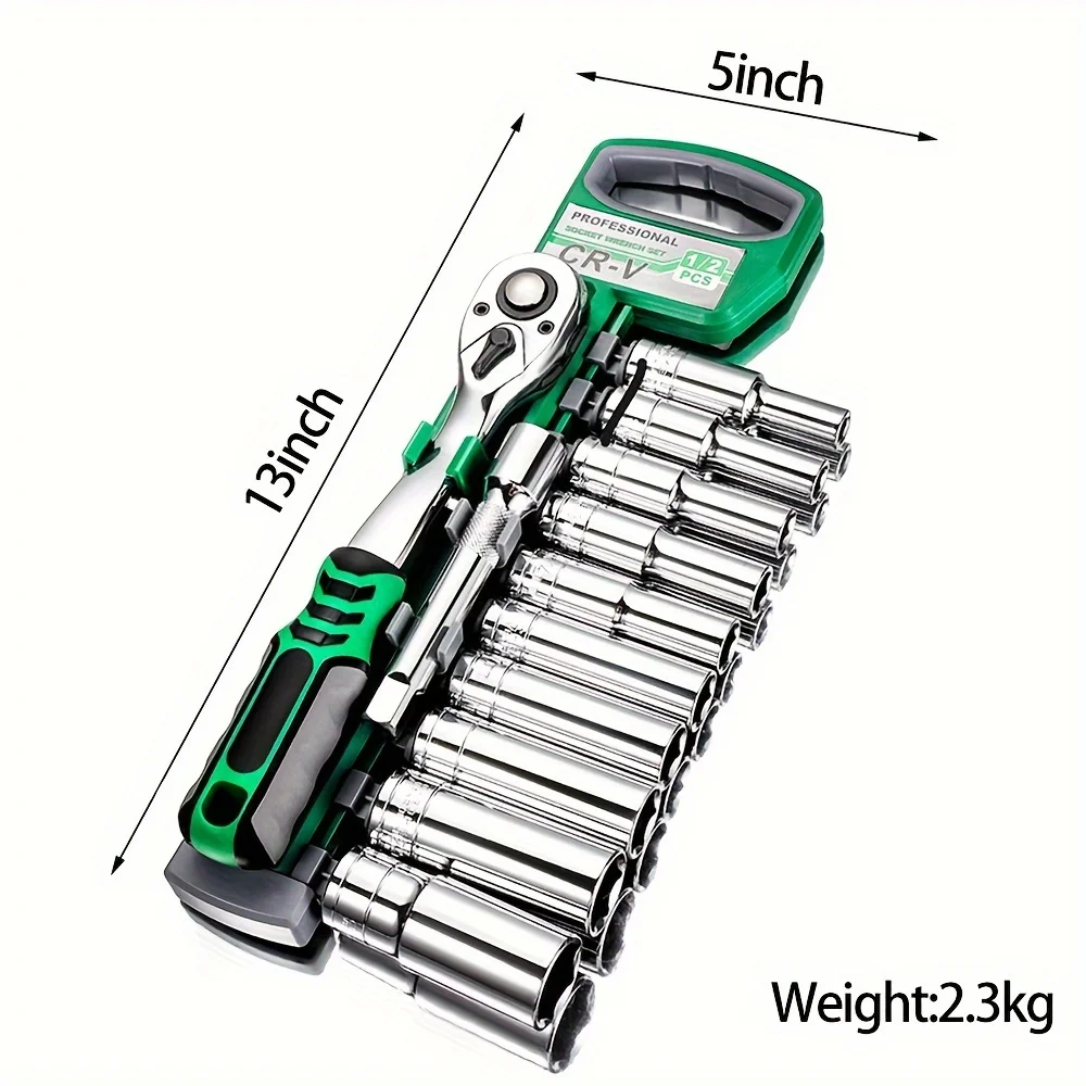 12pcs 72 teeth Ratchet wrench 1/2 Inch Drive Ratchet Socket Wrench Set 8mm-24mm Sockets Release Ratchet Handle and Extension bar