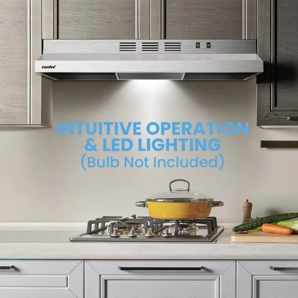 30In Range Hood, Ducted Ductless Vent Hood Durable Stainless Steel Kitchen Hood w/2 Reusable Filter, 2 Speed Exhaust Fan