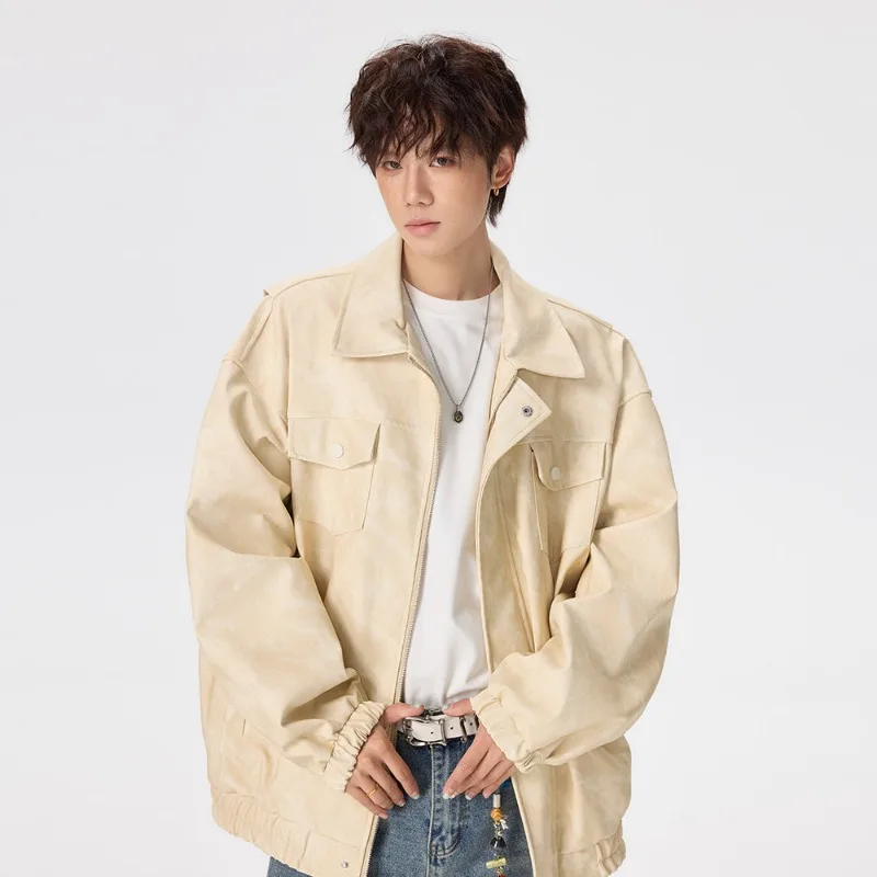 Men Tie Dye Vintage Workwear Jacket Lapel Collar Zip Up Double Chest Pockets Loose Oversized Windproof Casual Streetwear Coat