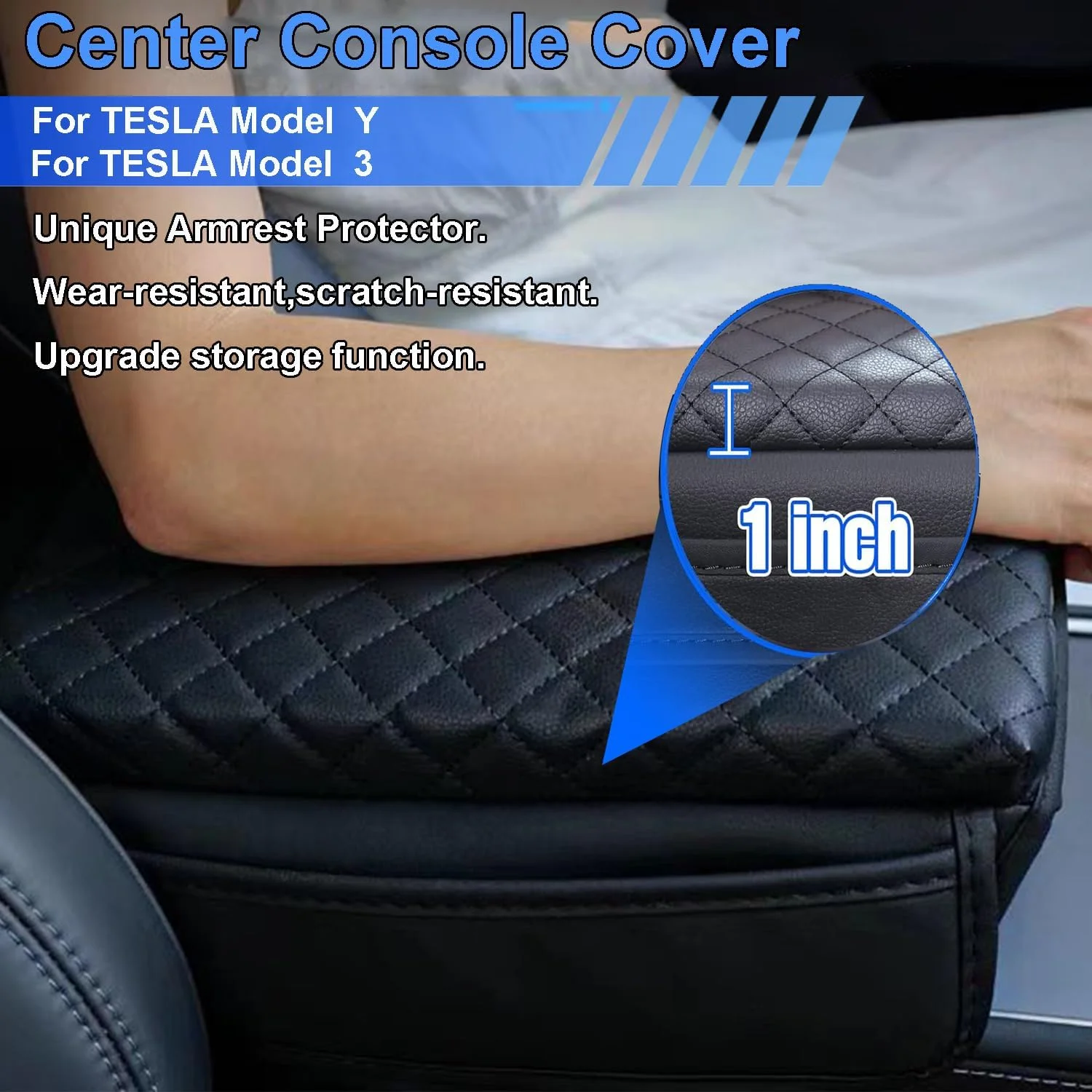 Upgrade Center Console Cover for Tesla Model 3 Model Y 2017-2024 2025 Armrest Cover with Pockets,Leather Arm Rest Box Cushion for Tesla Model 3/Y Interior Console Protector