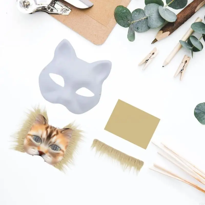 

Y55F Paintable Cats Face Mask Set Unpainted Masquerades Mask Halloween Supplies
