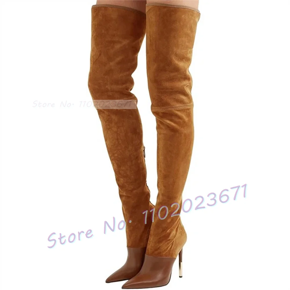 Brown Suede Metal Heeled Boots Women Elegant Patchwork Stretch Thigh High Boots Hot Girl Metal Decor Casual Spring Long Shoes