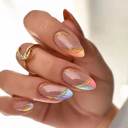 24Pcs Almond Fake Nails Tips Artificial Acrylic Colourful Gradient Gold Dust Line False Nails Set Removable Press on Nails Art