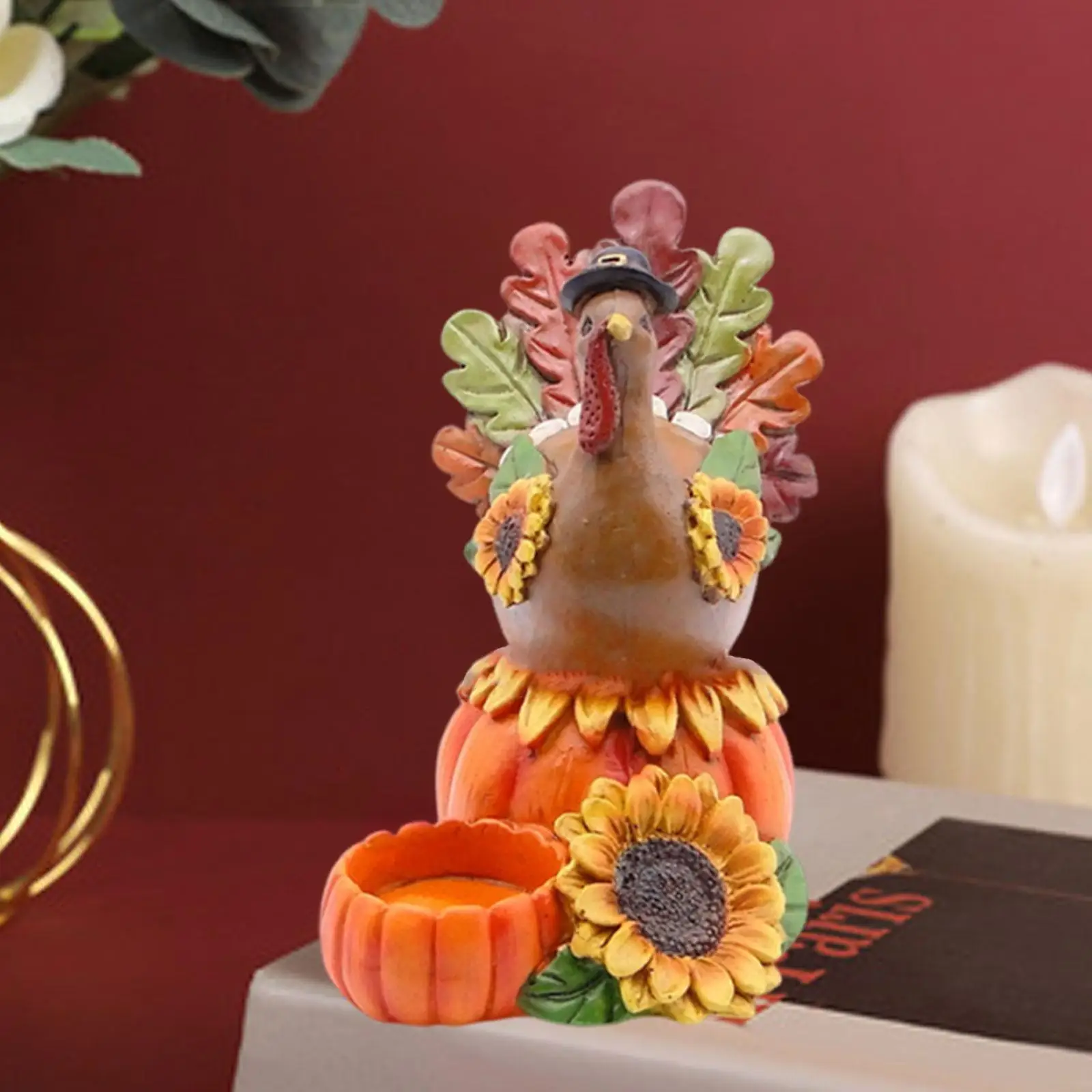 Thanksgiving Pumpkin Turkey Figurine Resin Candle Stand Centerpiece Home Decoration for Kitchen Office Bookshelf