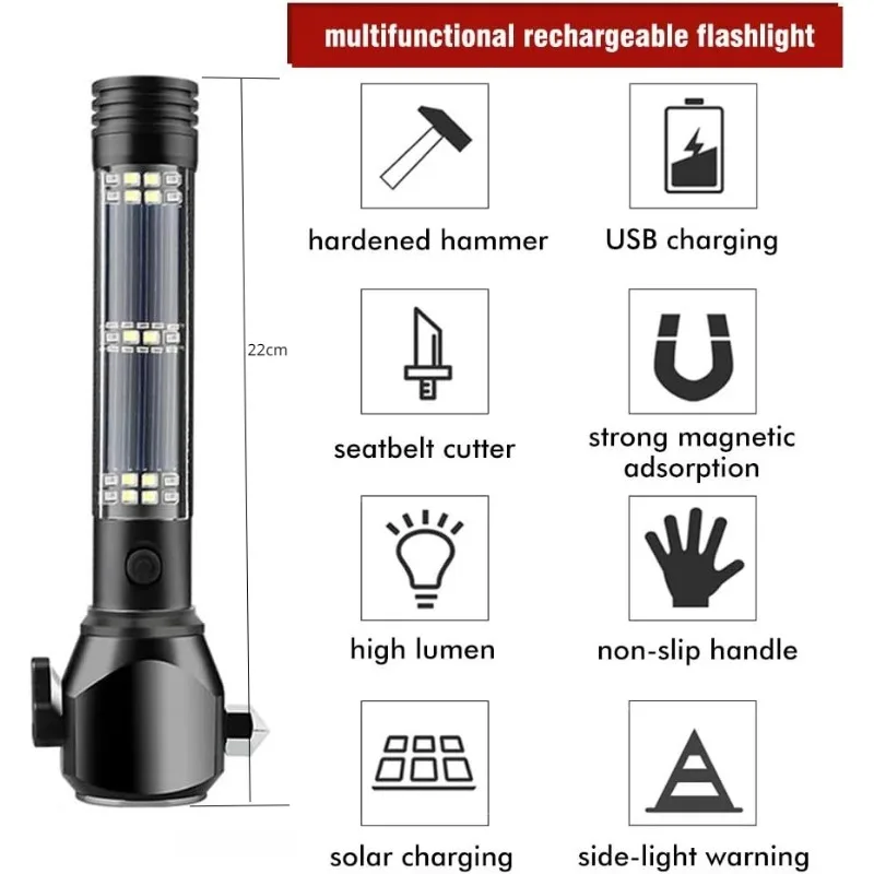 Op Zonne-Energie Gemonteerde Veiligheidshamer Zaklamp-13 In 1 Multifunctionele T6 Sterk Licht Zaklamp Met Snijkompas