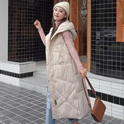 2025 new Down Cotton Vest Women Autumn Winter Hooded Puffer Parkas Long Sleeveless Coat Female loose Warm Waistcoat tide T584