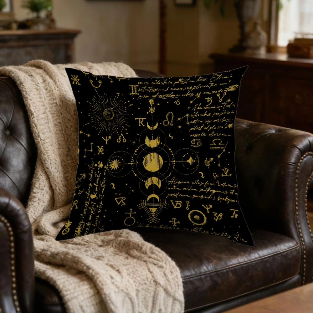 1Pc Mystical Celestial Black Gold Astrology Symbols Cushion Cover Soft Fabric for Sofa Bed