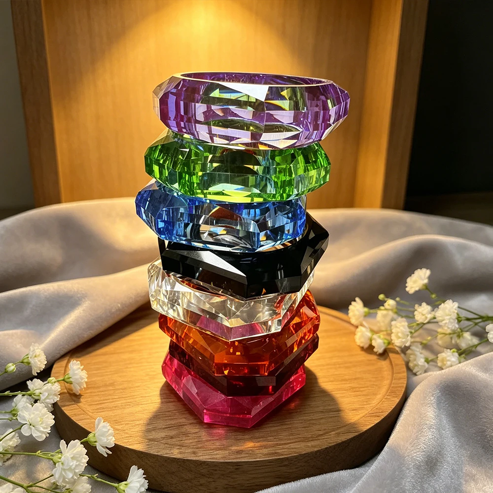 Faceted Various Colors Resin Bangle Set - Chunky Geometric Cut Statement Cuff Bracelets, Bold Transparent Design for Women