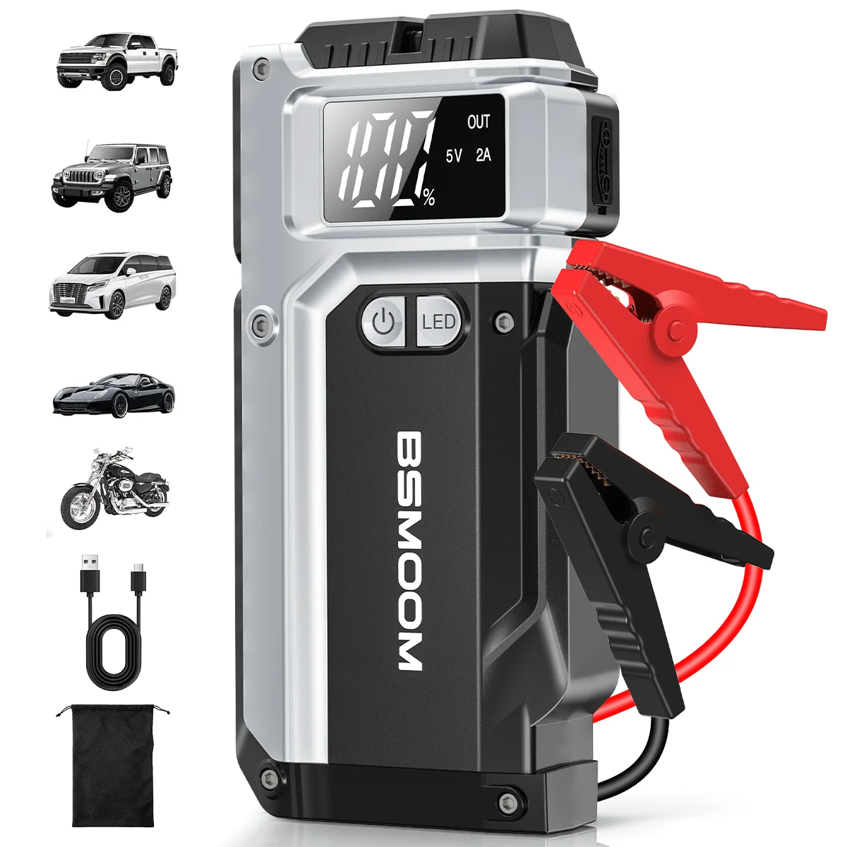 7000A Tragbare Powerbank und Starthilfe, Kompatibel mit 12V-Fahrzeugen, Inklusive LED, SOS und USB-Datenkabel