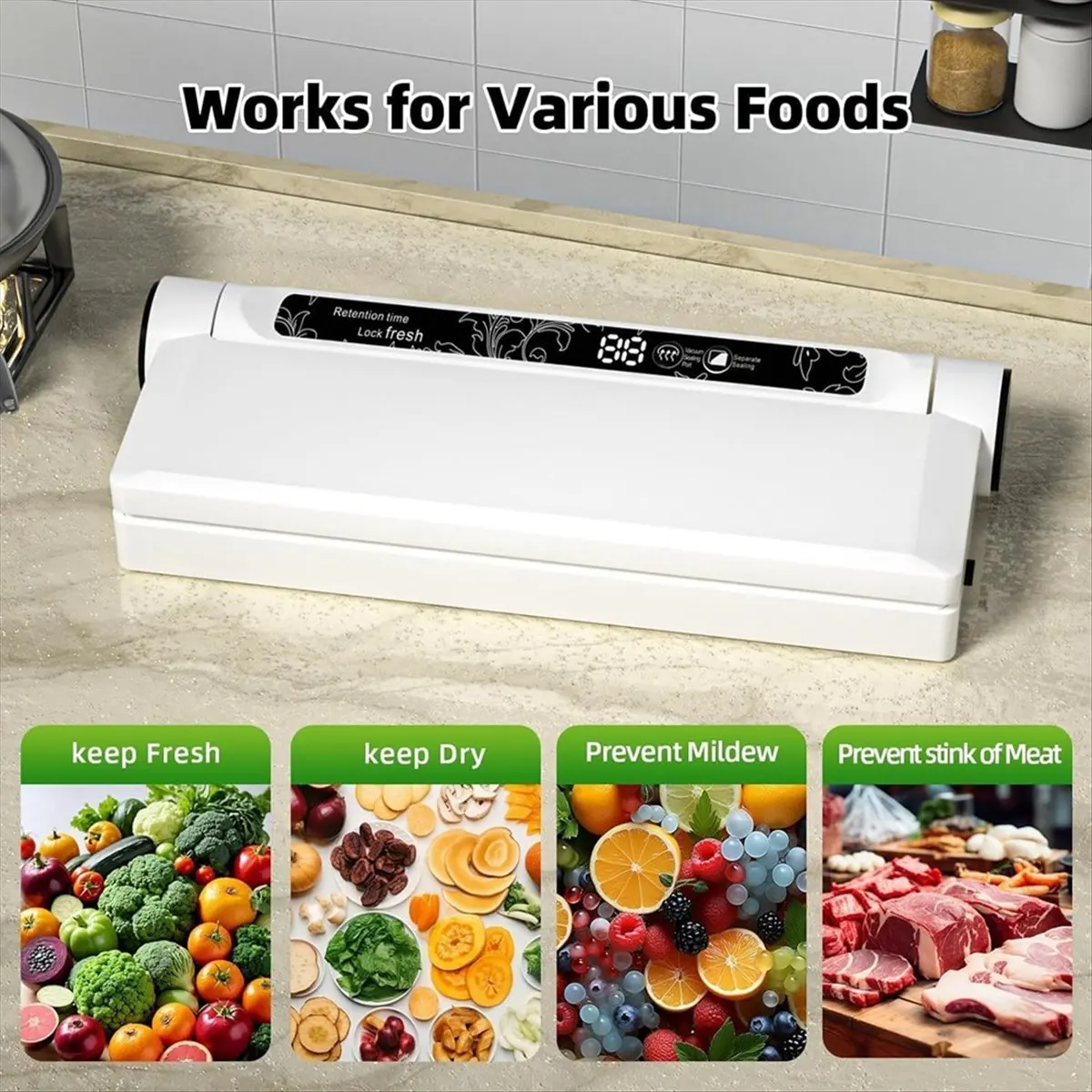 （ON SALE）Food Vacuum Sealer Machine, 75 KPA Strong Suction, Dry/Wet Modes, 20 Vacuum Seal Bags for Food, for Kitchen Use US Plug