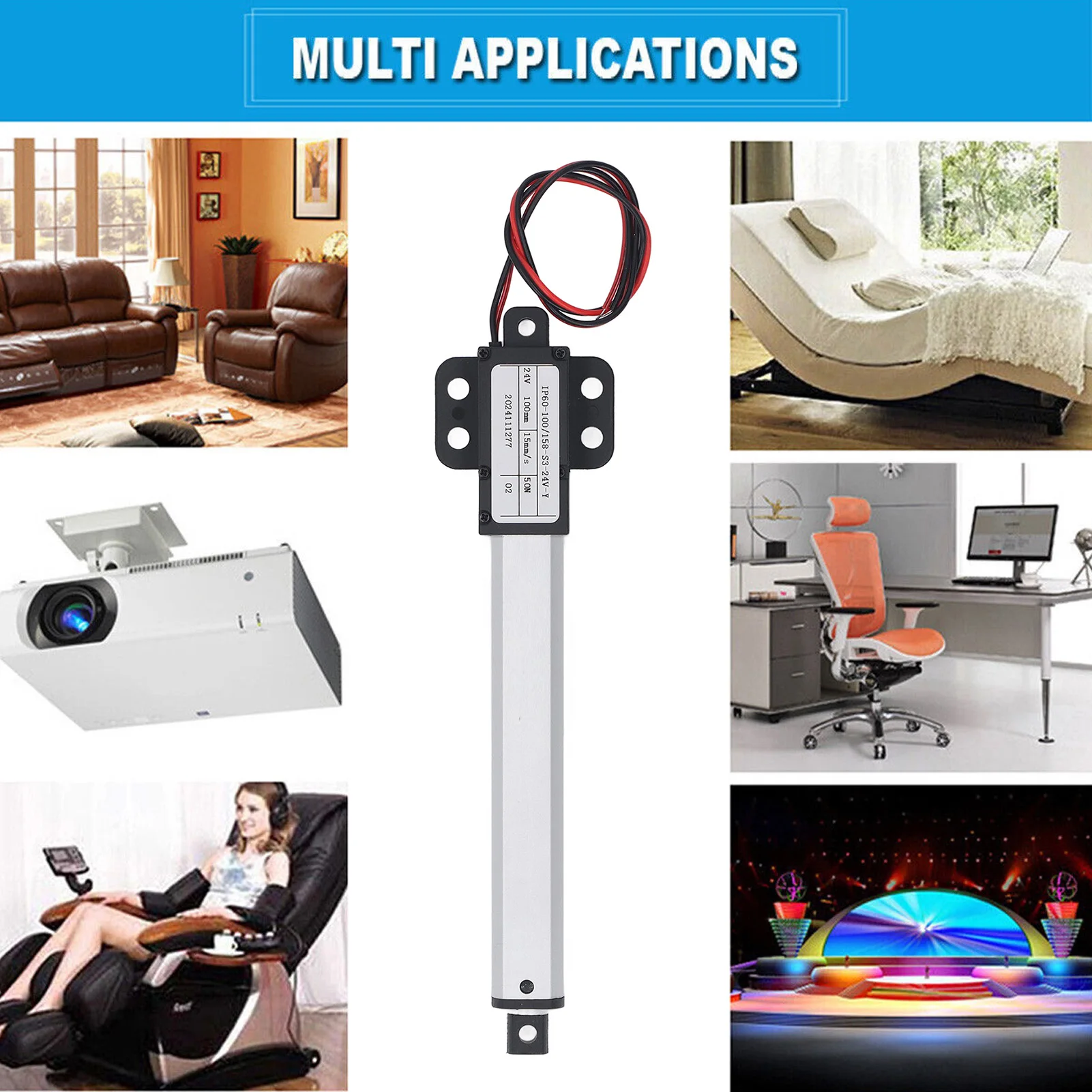 المحرك الخطي الكهربائي الصغير 100 مللي متر السكتة الدماغية 50N التوجه 15 مللي متر/ثانية IPX4 مقاوم للماء 24 فولت المحرك الخطي 24 فولت المحرك الخطي