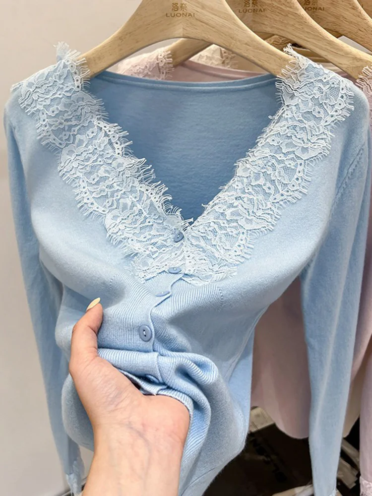Lace V-Ne Knitted Sweater Women's Open Cardigan ort Top Base irt Winter Design Sense Unique And Special Korean Sle