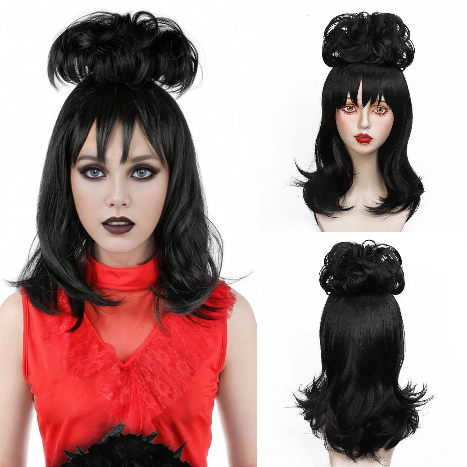 

Синтетический парик для косплея Лидия, пушистые пучки, вьющиеся женские черные средние длинные прямые парики с жуком и челкой, парик для Хэллоуина