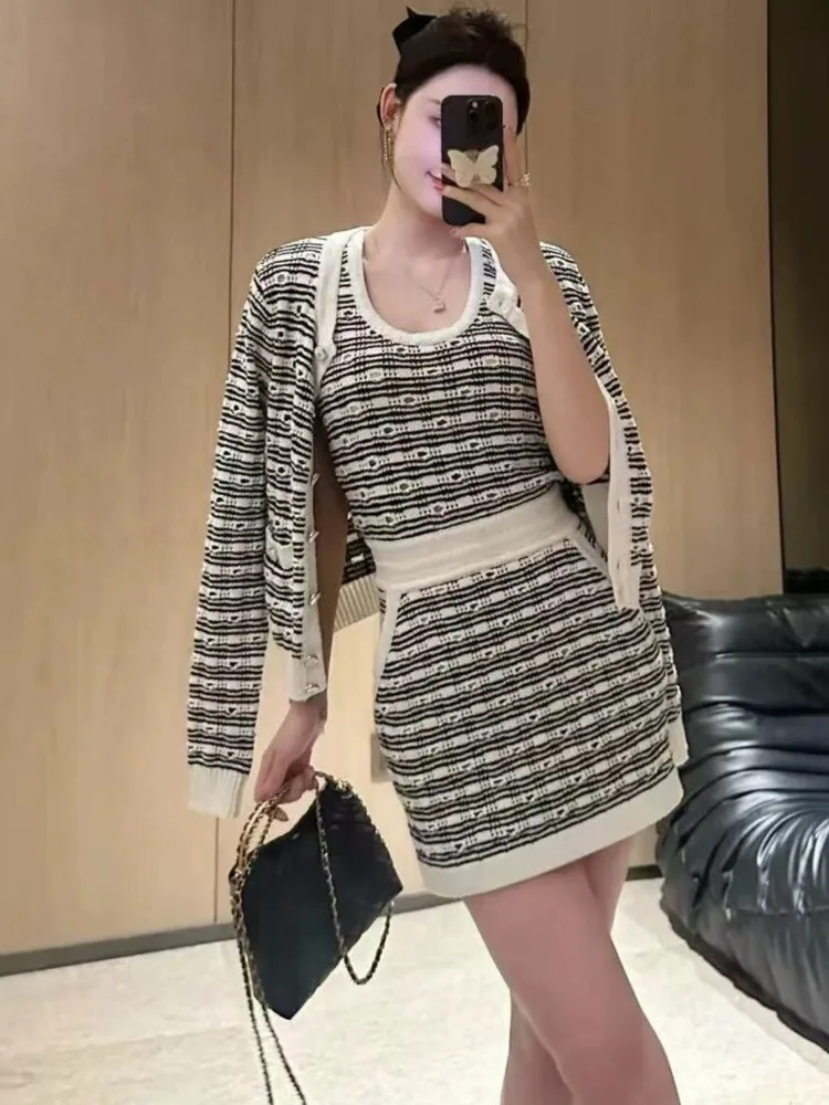 

2025 new in matching sets Striped tank Dress Long Sleeve Cardigans 2 piece sets woman outfit conjuntos femininos elegantes