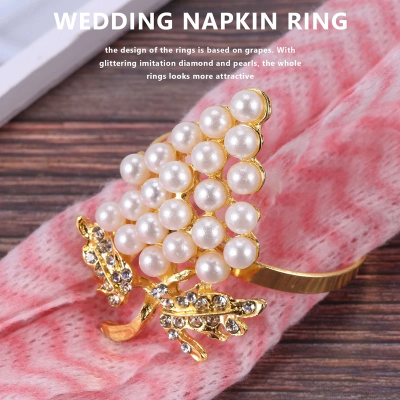 Grapes Napkin Rings Set Of 6, With Glittering Imitation Diamond And Pearls Inlay Alloy Napkin Ring Holder