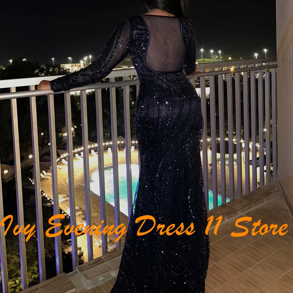 Vestido de noche personalizado con cuentas y lentejuelas, plisado, cristal, temperamento, sirena, cuello redondo, manga larga, vestido de fiesta negro