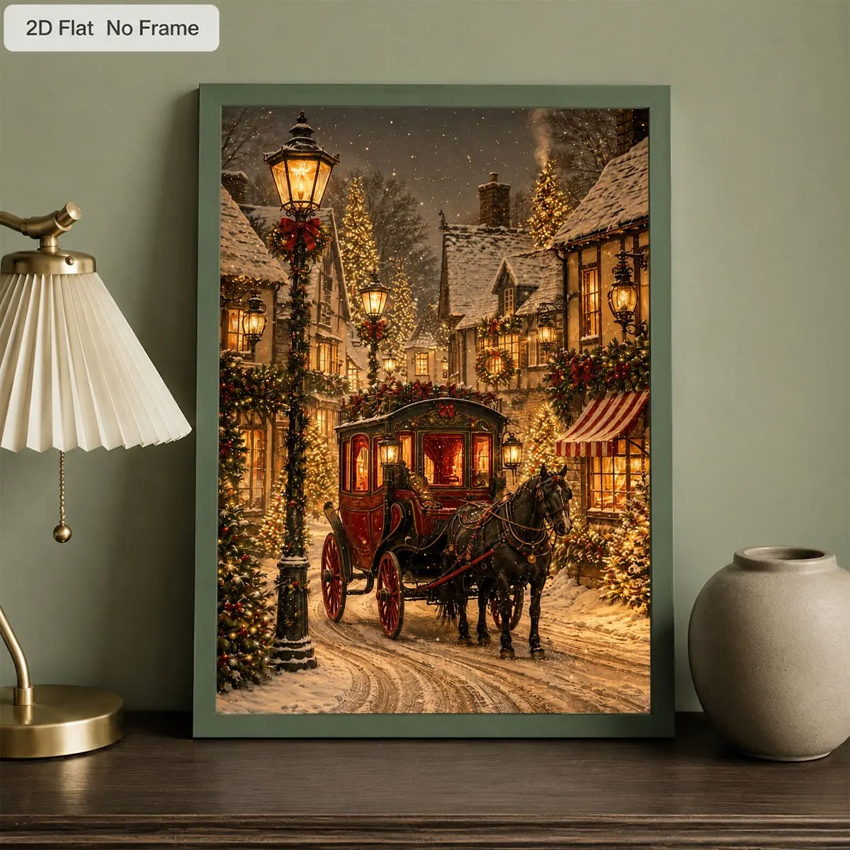 2D Flat, 2D Flat, 1pc Frameless Canvas Christmas Horse Carriage Street Snow Scene Wall Art Festive Style Canvas Printing Pain