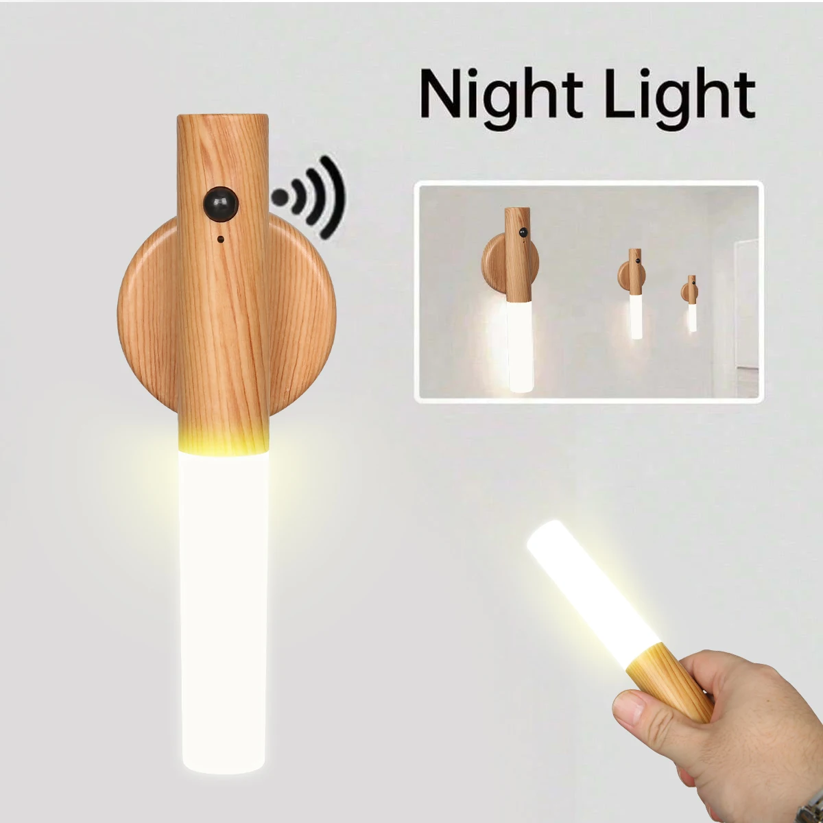 New Creative Intelligent Auto PIR Motion Sensor LED Rechargeable Magnetic Night Light Wood Wall Light Kitchen Cabinet Light Lamp