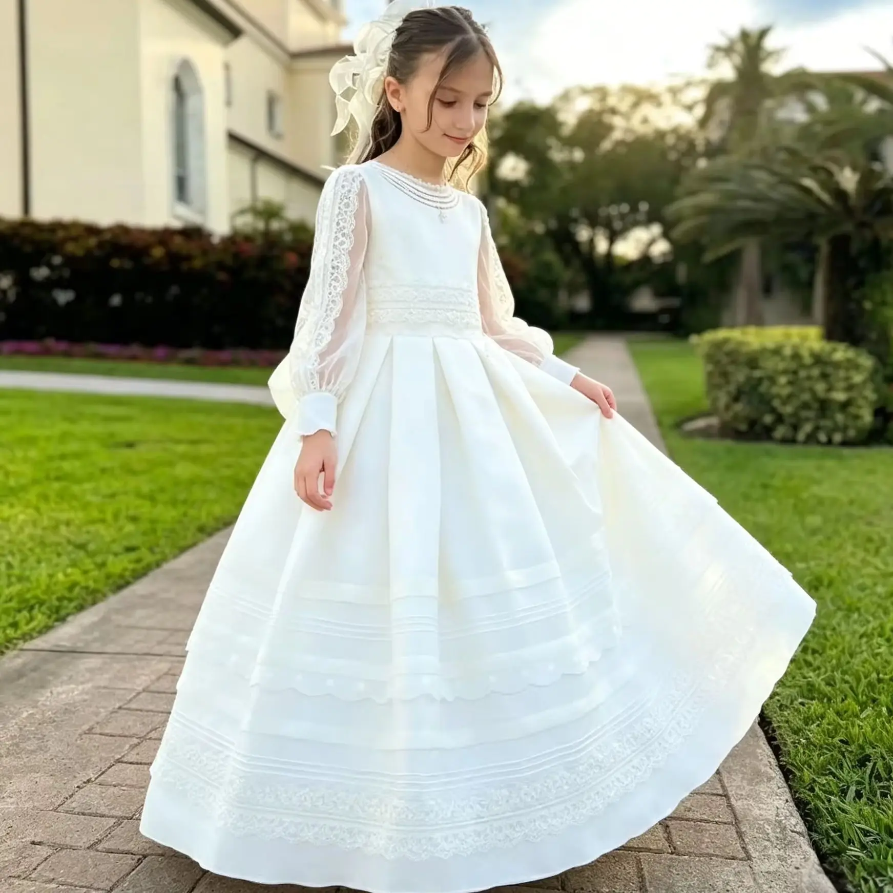 Ivory Layered Lace Satin 1st Communion Flower Girl Dress Lace Puff Long Sleeve Skirt Kids Modest Church Formal Princess Gown