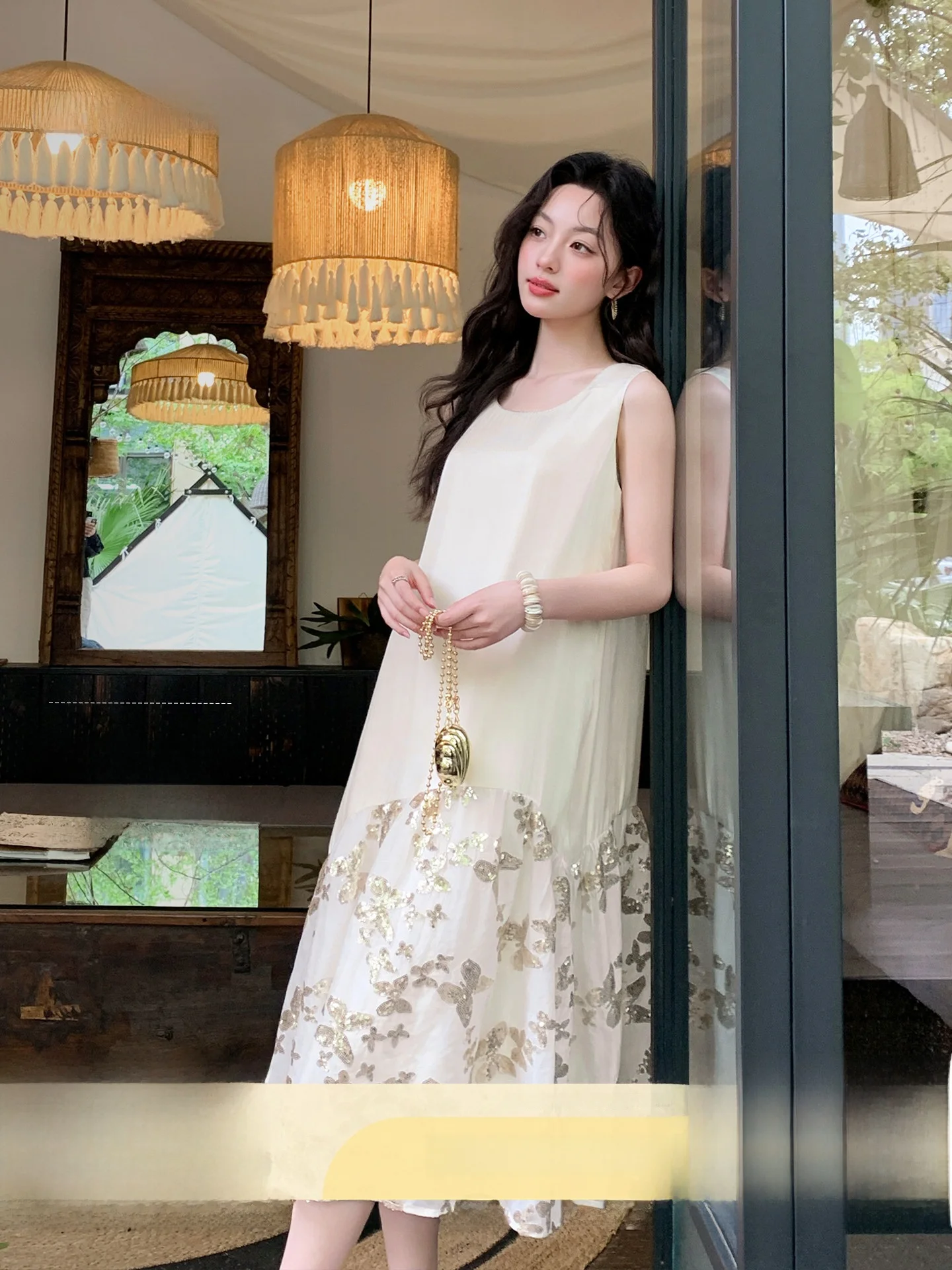 

Блестящее платье макси без рукавов с пайетками и вставками, женское летнее элегантное приталенное платье А-силуэта во французском стиле с завышенной талией, полиэстер