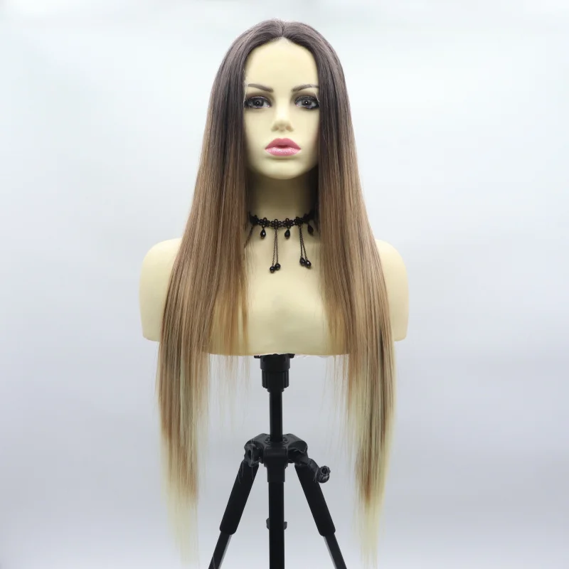 

European and American style women's wig with middle parting, mixed color long straight hair, hand-crafted front lace, matte high