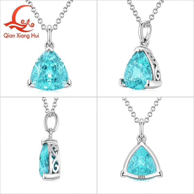 925 Sterling Silver Pendant Necklace Lab Created YAG Paraiba Neon Blue greenish Trillion Fat Triangle 9*9mm Women Jewelry Gift