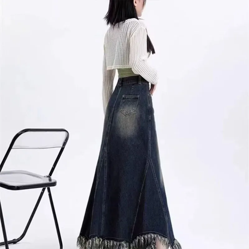 Vintage Front Slit Long Denim Skirt Women Sexy High Waist Tassel Maxi Skirt 2026 New Spring Autumn Pocket Skirt Saia Feminina - view 5