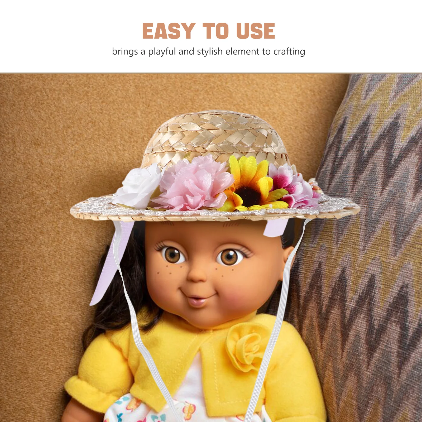 Mini chapéu de palha tecido com detalhes de flores, estilo boho, decoração pequena para exibição de casa, acessório exclusivo de fornecimento de artesanato