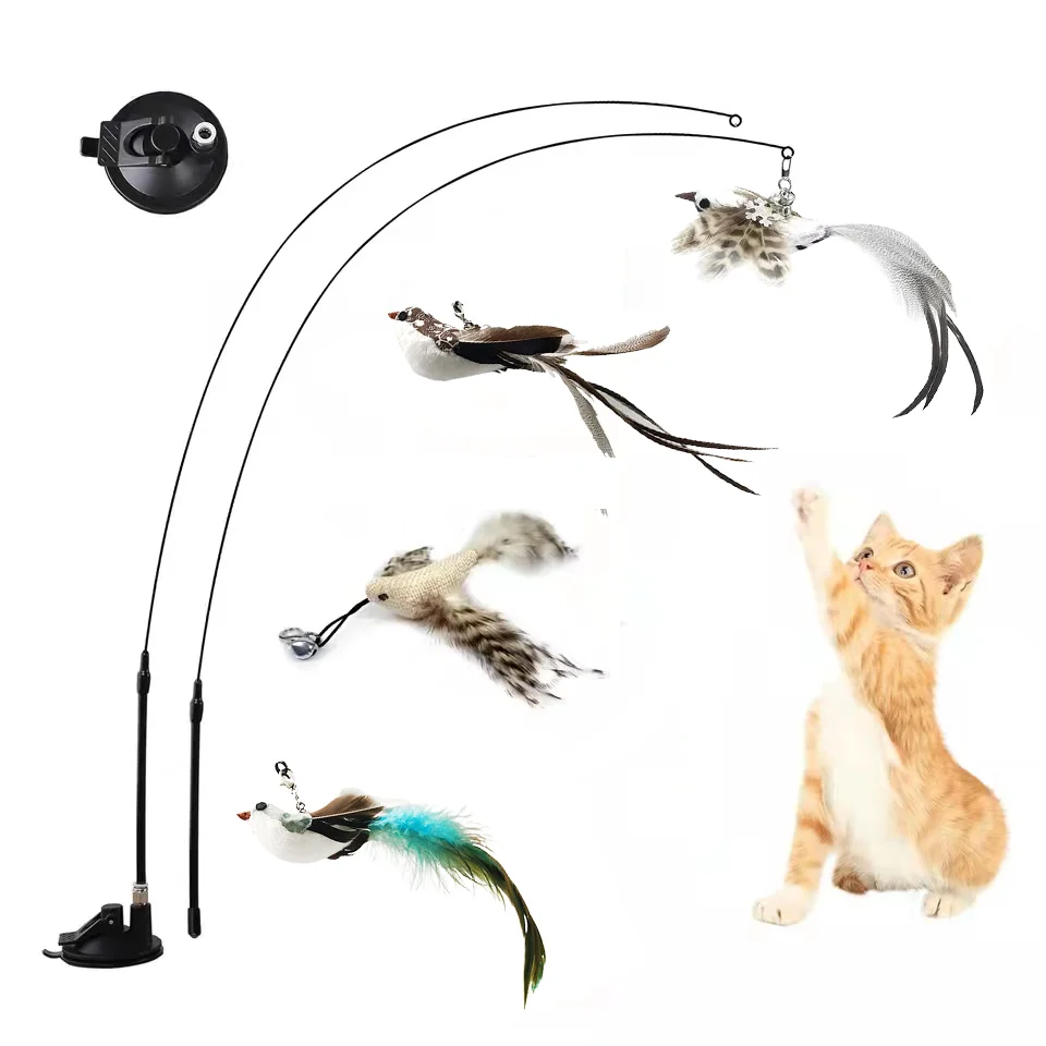 Simulación de pájaro interactivo divertido gato palo de juguete peludo pluma pájaro con campana succionador gato palo juguete gatito jugando accesorios para mascotas