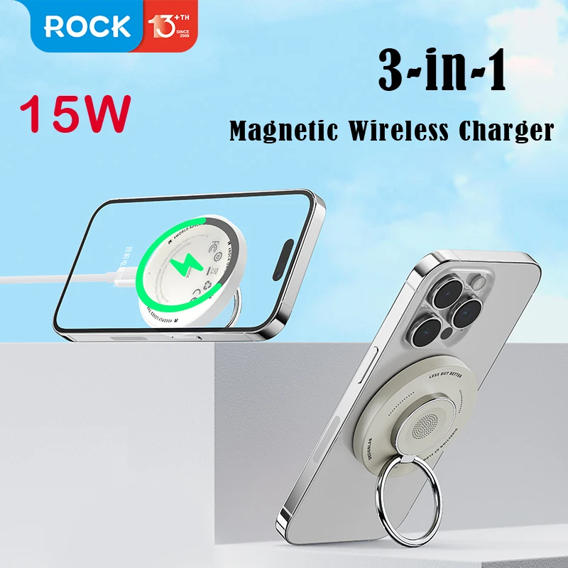 

For iPhone 15 14 Pro Max Magnetic Wireless Charging Stand Rock Double-side 15W Fast Charger Ring Holder For iWatch 8 7 Airpods