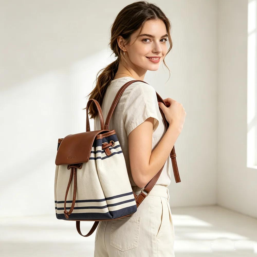 European and American Retro College-Style Striped Canvas and Leather Flap Drawstring Bucket Bag, Lightweight Dual-Use Shoulder and Crossbody Small Bag for Women, Mini Backpack for Students' Daily Commuting and Outings, with Interchangeable Shoulder Straps