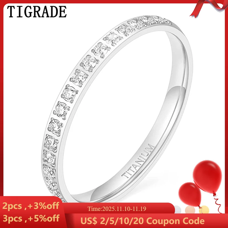 TIGRADE 2mm Women Ring Titanium Eternity Ring Half Cubic Zirconia Anniversary Wedding Engagement Band 18K Gold Plated