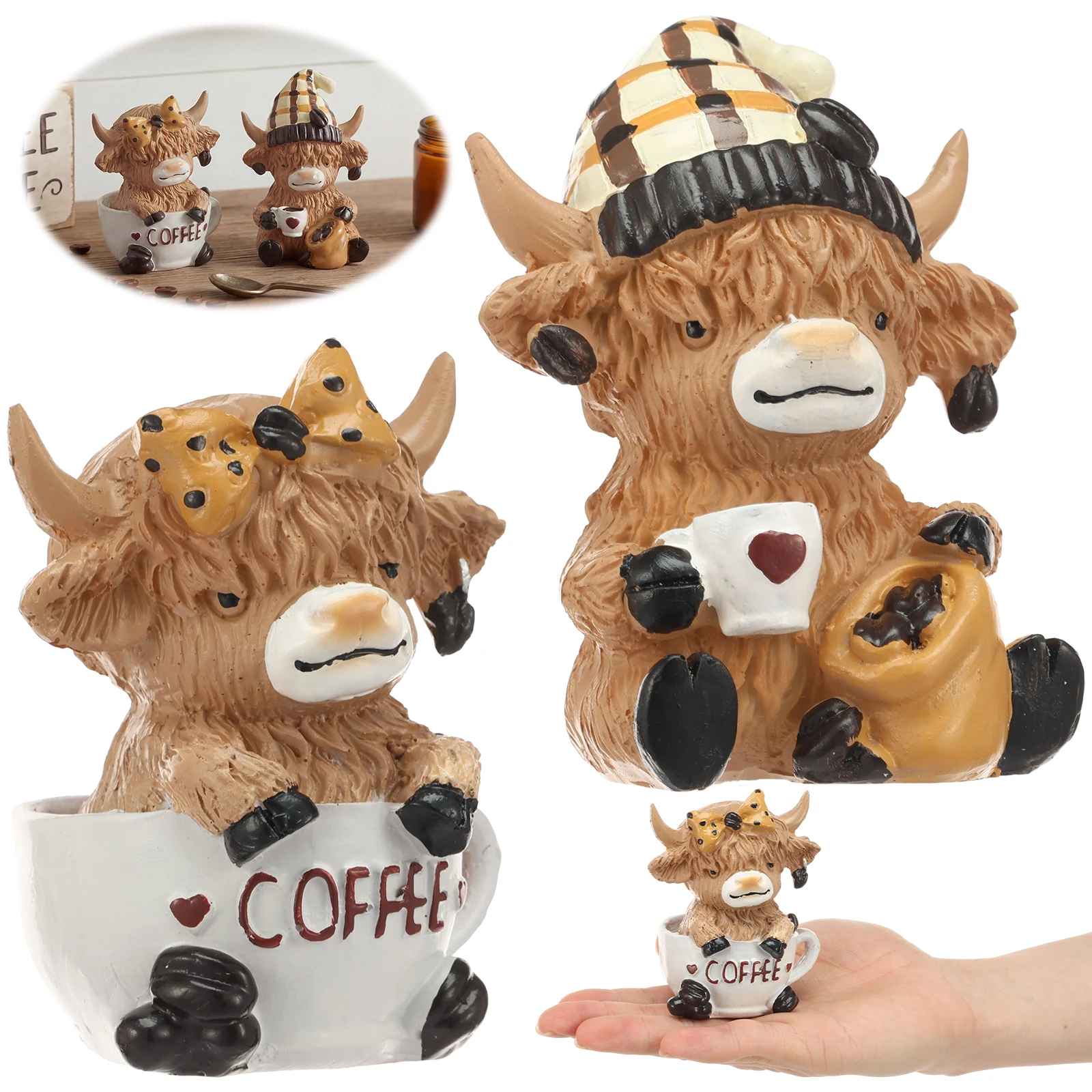 1/2 Pcs Resin Highland Cow Statue Ornaments Desktop Decoration Highland Cow Gnome Figurines for Bedroom Living Room Bookshelves