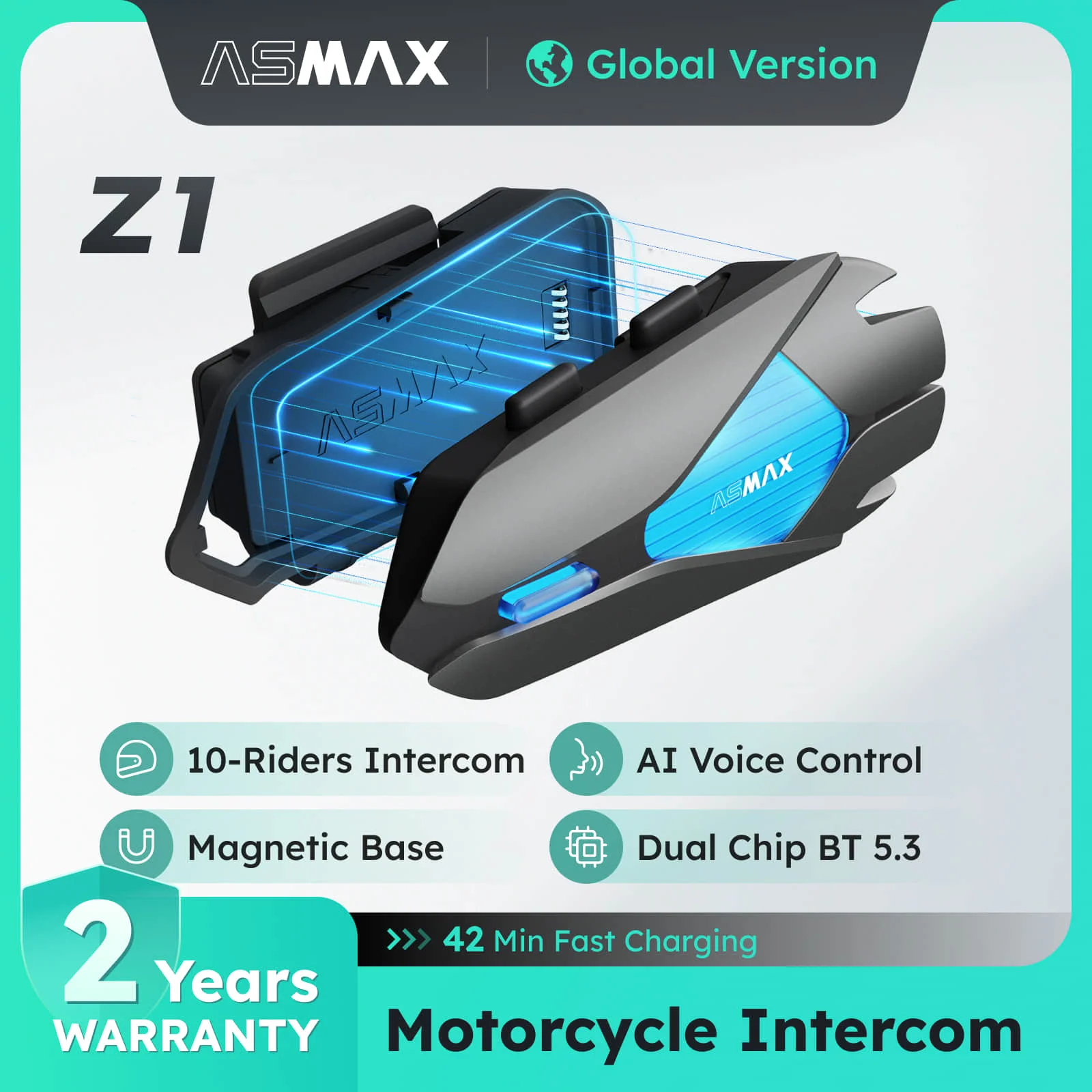 ASMAX Interkom motocyklowy Obsługuje interkom dla 10 osób, interkom Z1 Bluetooth 5.3, sterowanie głosowe, odległość komunikacji 1800 m, wodoodporność IP67, redukcja szumów ENC, interkom Bluetooth