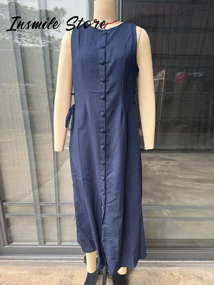 فستان نسائي غير رسمي برباط سادة ورقبة دائرية بدون أكمام فساتين طويلة فضفاضة واحدة الصدر لصيف 2025 رداء سيدة الموضة الجديدة