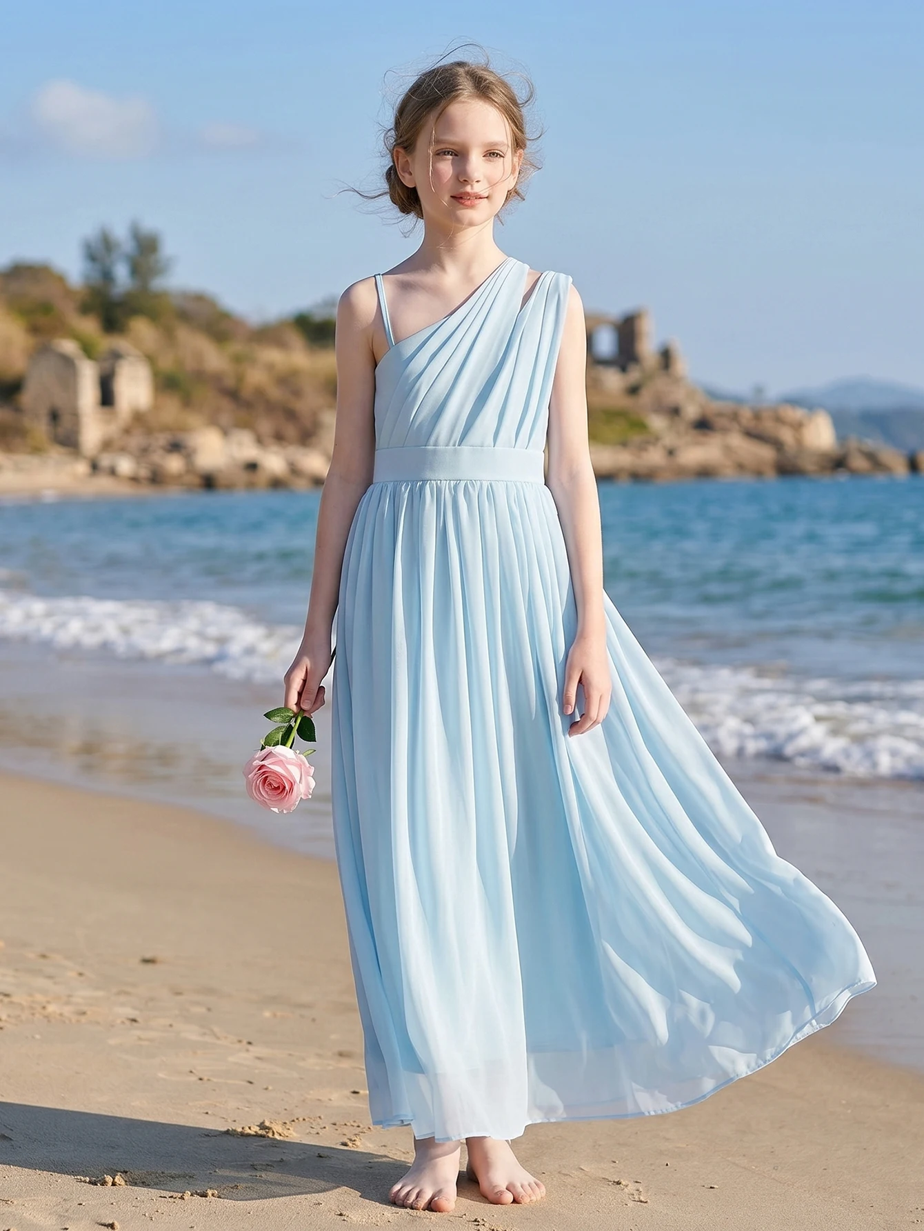 女の子用スカイブルーシフォンマキシドレス、アシンメトリーネック、プリーツボディス、aライン、ジュニアブライズメイドガウン、ビーチウェディング、夏の誕生日に最適