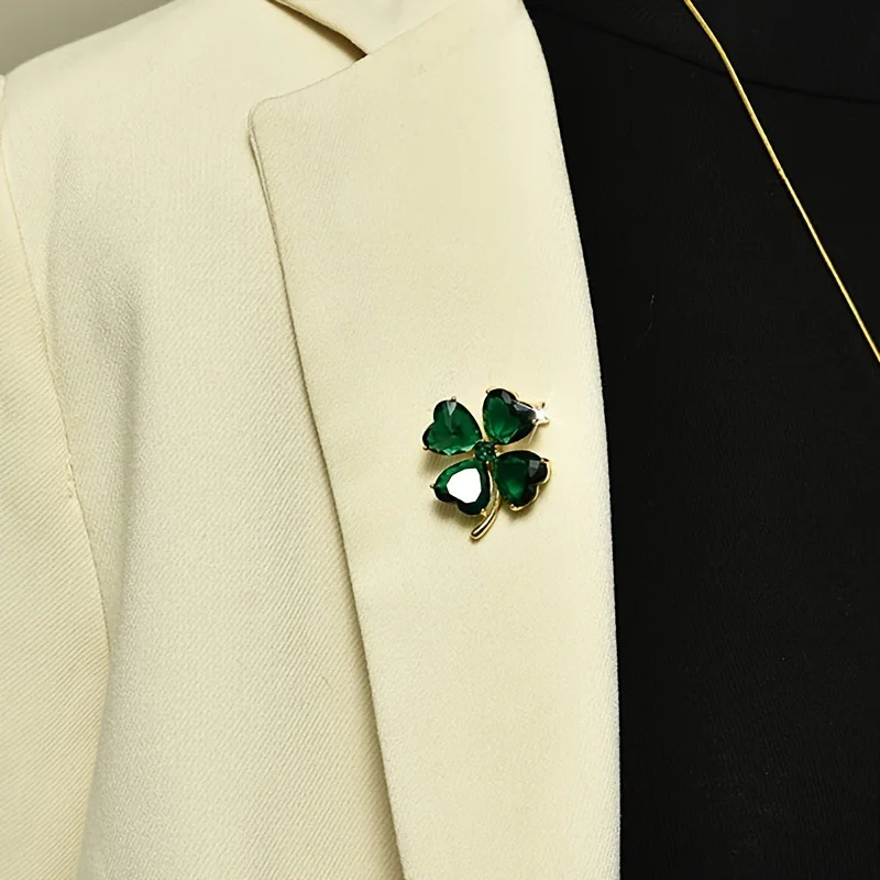 Lucky Grass Brooch Four-leaf Clover Vintage Emerald Color Brooch Lapel Pin Female Wedding Suit Jewelry Accessories