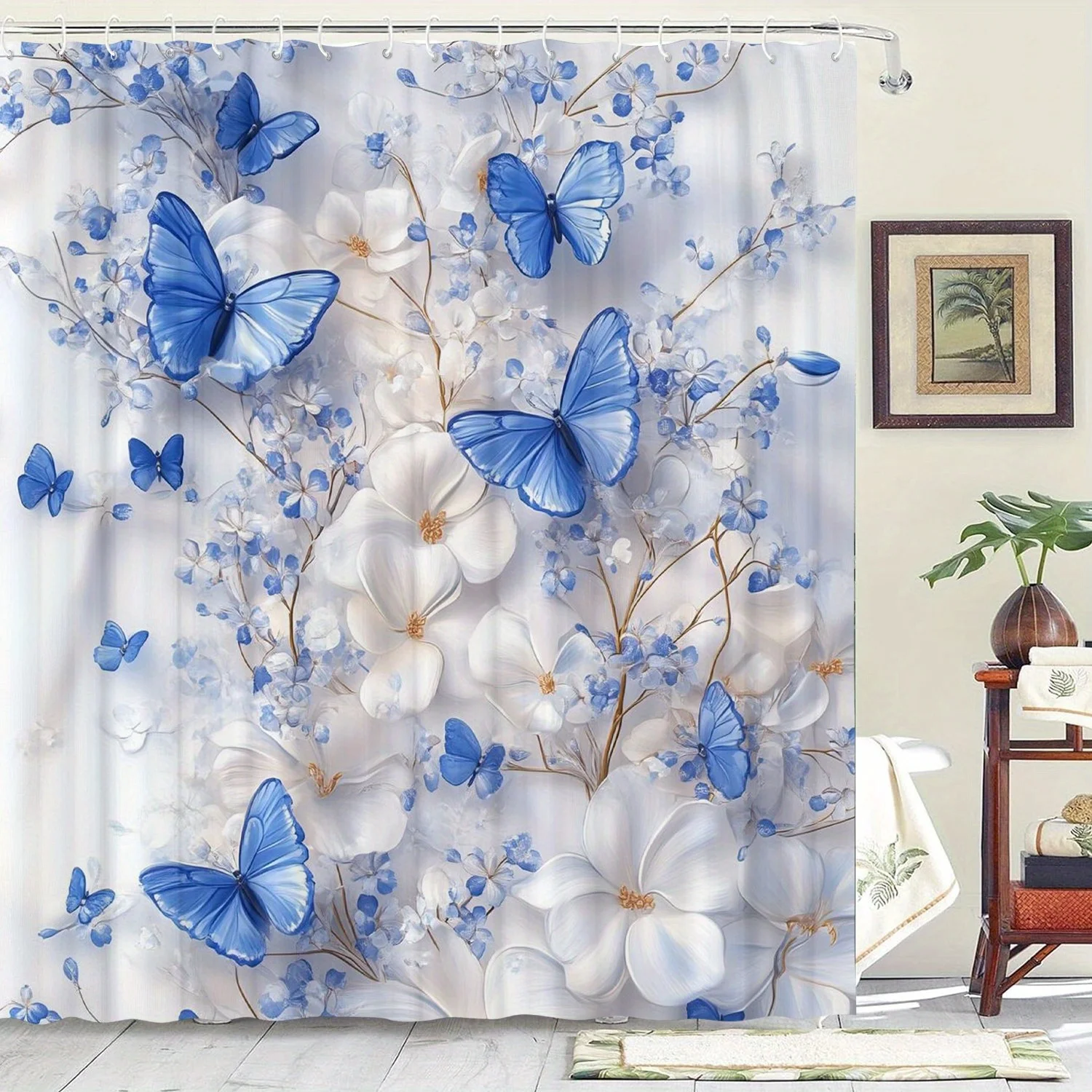 

Blue Butterfly Theme Shower Curtain - Waterproof, 12 Hooks, Suitable for Home/Hotel, Machine Washable, One Piece