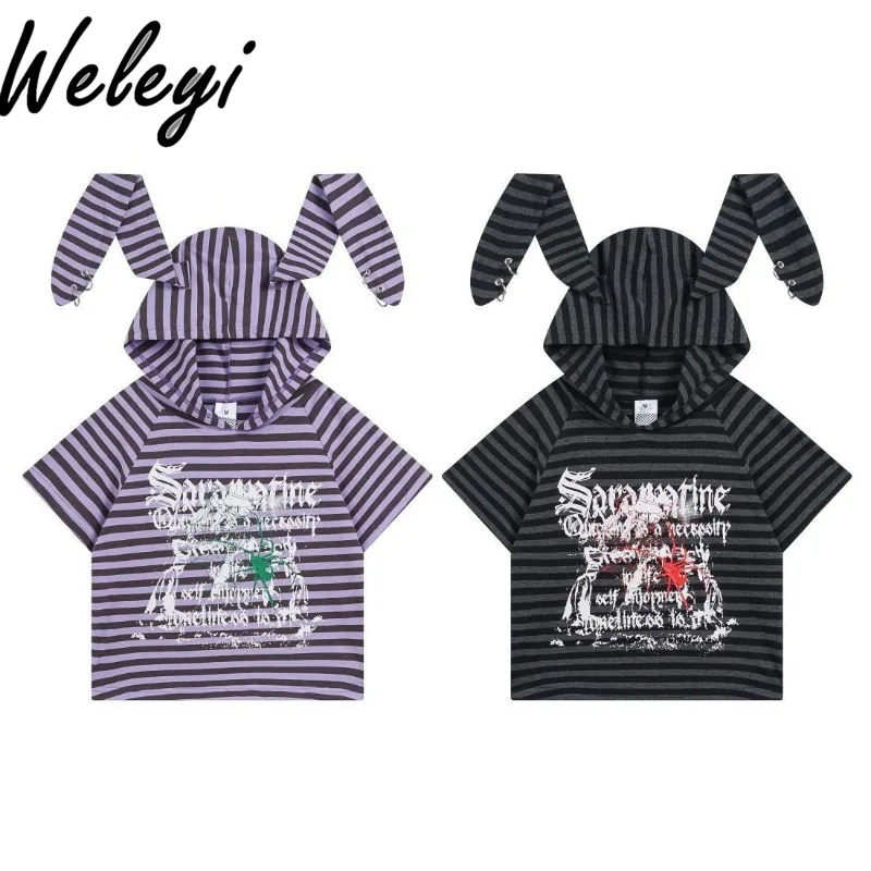 

Y2k Short Hood Striped Graphic T Shirts Fashion Summer Cute New Versatile Rabbit Ears Short Sleeve Blouse Women's Sweet Cool Top