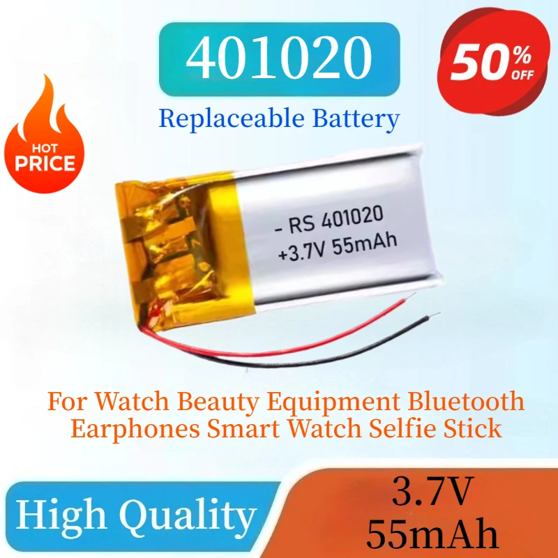 

Brand New 401020 Rechargeable Li-Po Battery 3.7V 55mAh for Watch Beauty Equipment Bluetooth Earphones Smart Watch Selfie Stick