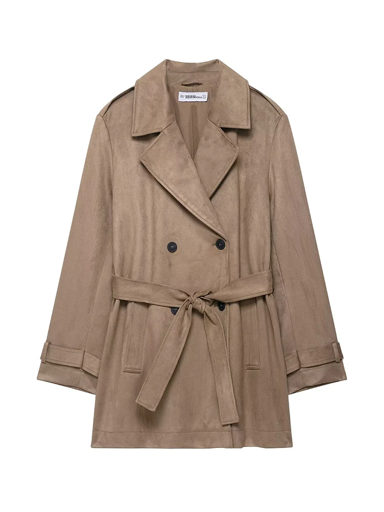 

Casual Ladies Suede Trench Coat Chic Double-breasted Lapel Solid Long Windbreak With Belt Autumn New Fashion Women Streetwear