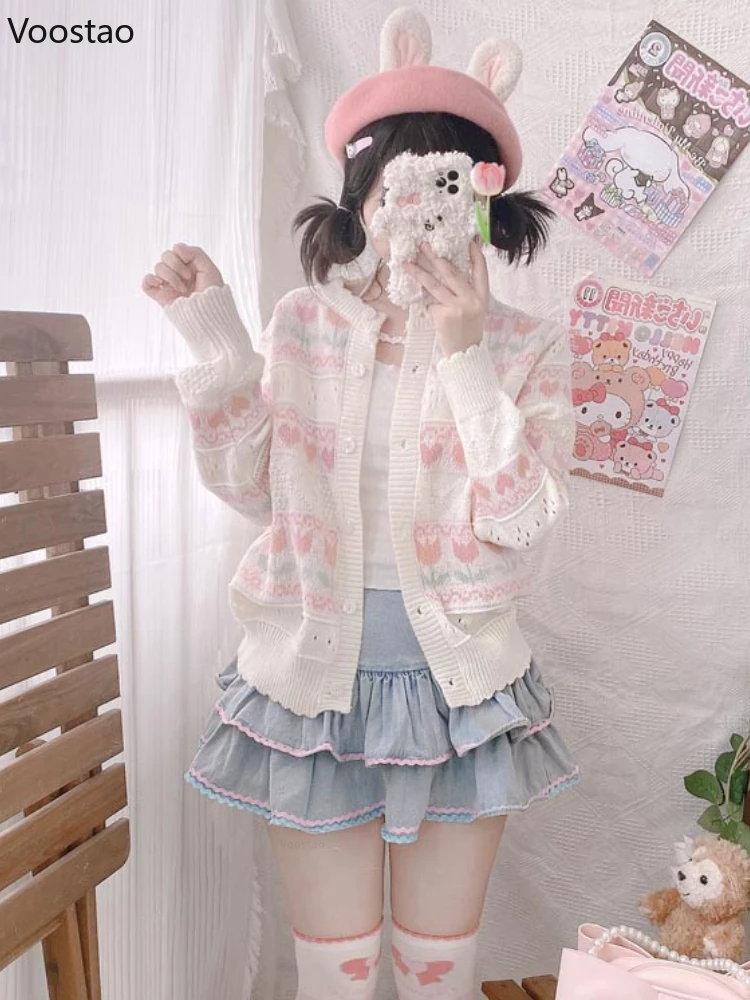 Kawaii Lolita Cardigan Women Japanese Sweet Floral Spring Autumn Loose Long Sleeve Sweater Coat Female Hollow Out Knitwear Tops