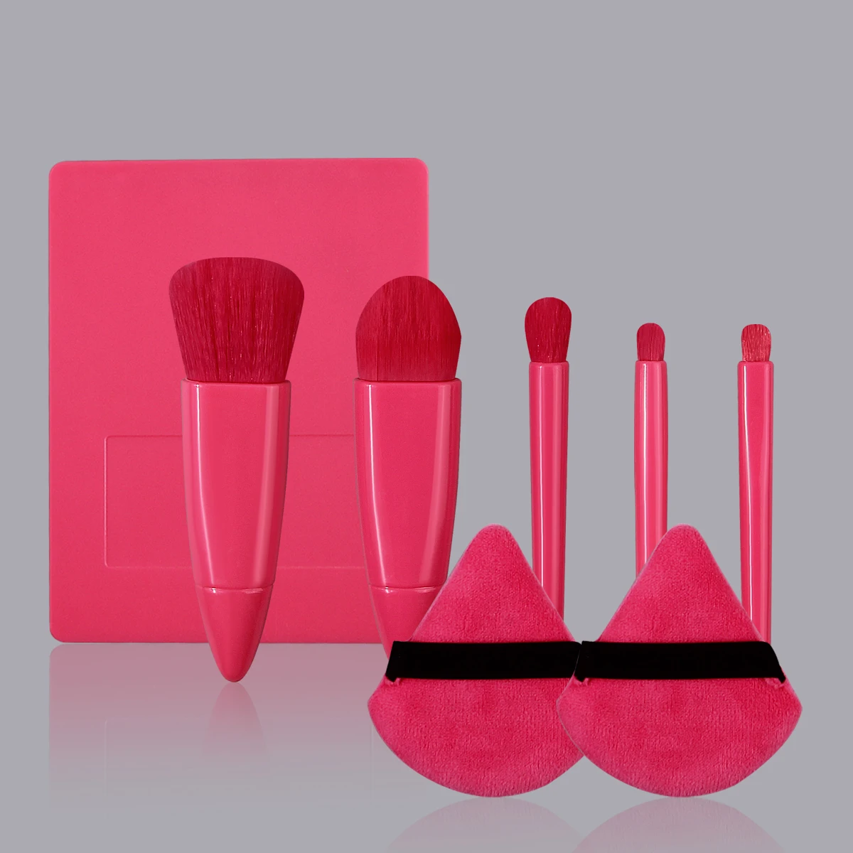 5 pçs caixa de espelho de armazenamento portátil conjunto de escova de maquiagem, escova de contração de cerdas macias, pincel de sombra + 2 pçs esponja maquiagem em pó puff