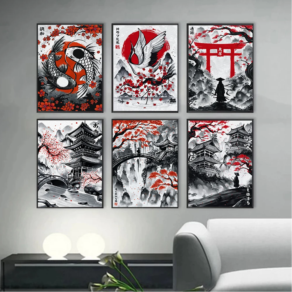 Affiche d'art mural de samouraï de paysage de Style japonais, imprimés, décor photo, peinture sur toile de poisson Yin et Yang pour salon et chambre à coucher