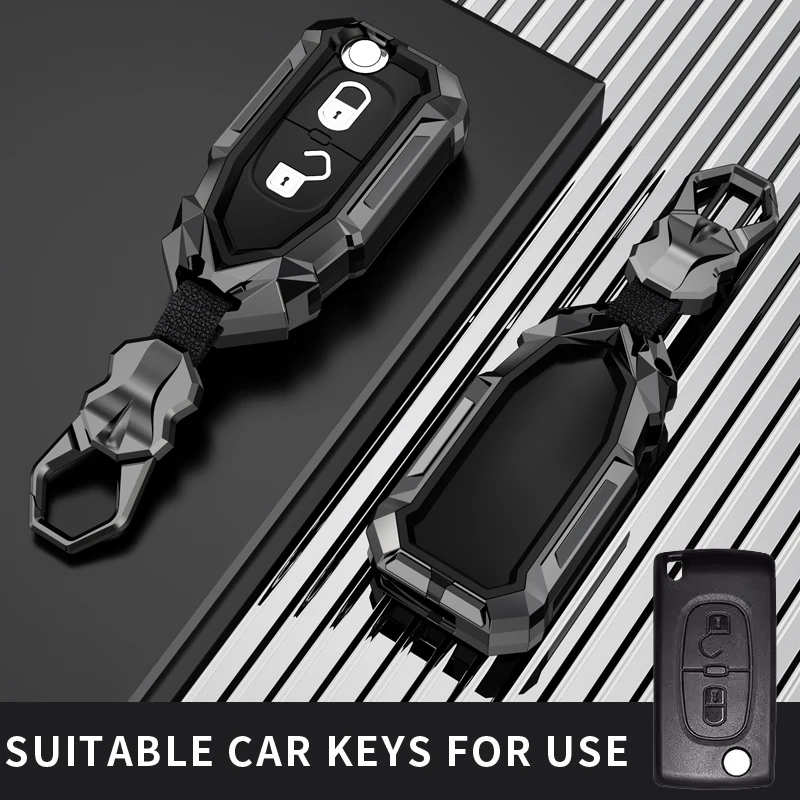 Passend für Peugeot Autoschlüssel-Hülle mit Schlüsselring und Kette für 107 207 208 301 307 308 407 408 508 607 2008 3008 4008 5008 Citroen C2 C3