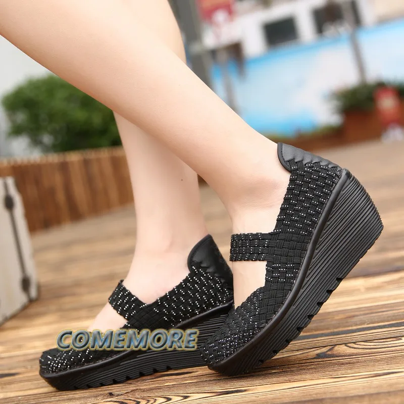 Womens Sandals Platform Slip on Stretch Fabric Braided Shoes Chunky Wedges Fashion Casual Beach Summer Round Head Anti Slip 2024