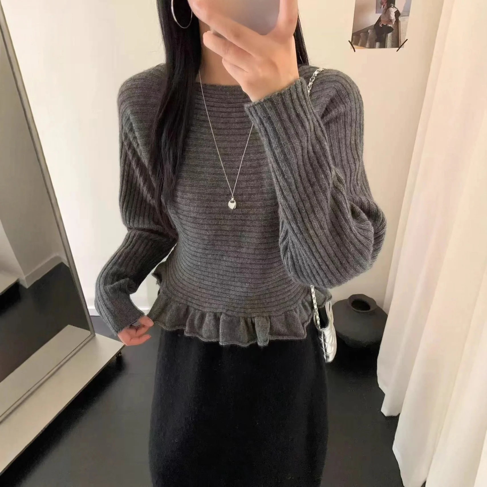 

Корейский стиль: Нежный и простой вязаный свитер с оборками на талии, приталенный, утягивающий, зимний топ для женщин, модный повседневный стиль